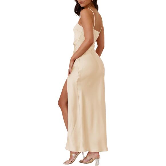 Champagne Satin High Slit Midi Square Neck Slip‎ Dress Formal Event Wedding Med - Picture 4 of 4